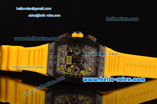 Richard Mille RM011 Swiss Valjoux 7750-SHG Automatic Black PVD Case with Yellow Rubber Strap and Skeleton Dial - Click Image to Close